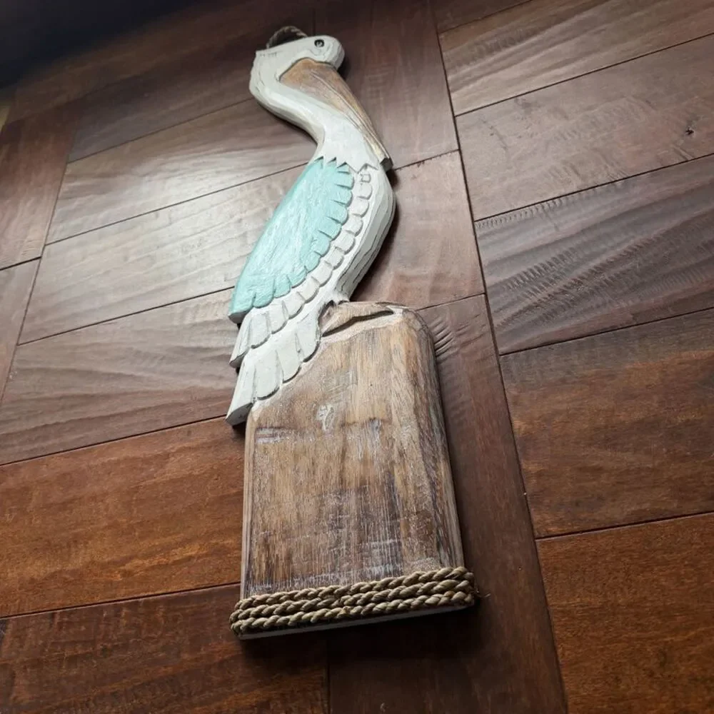 Hand Carved Wood Pelican Wall Plaque Aqua Coastal Rope Accent 24 Inch
